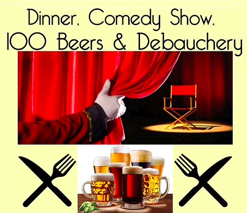 Combine several fun things in one night! Person pulling back theater curtain, knife & fork, beer steins