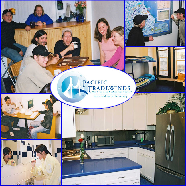Images from Pacific Tradewinds hostel of friends and some of the rooms with the logo in the center.