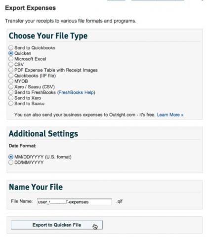select quicken file type for shoeboxed export