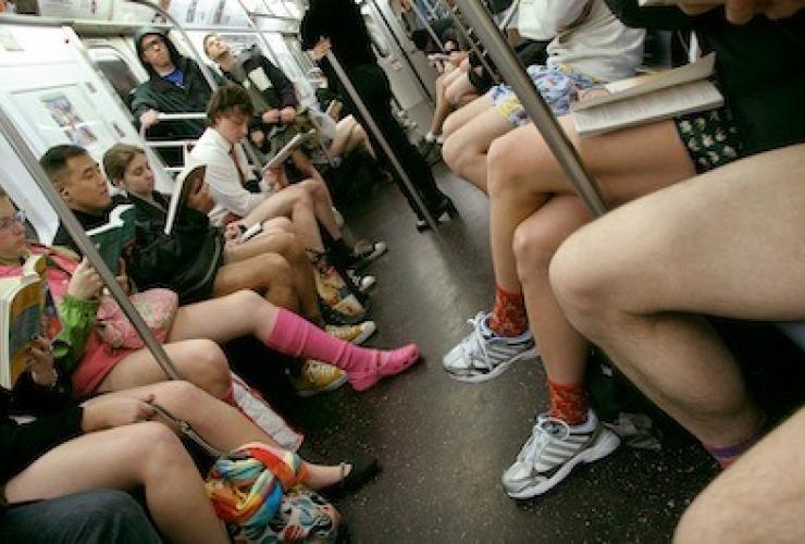 Annual 'no pants' BART ride attracts participants despite huge storm