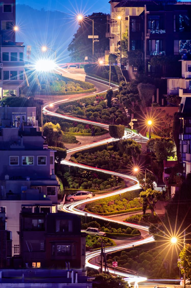 Lombard Street San Francisco A time lapse photo of Lombard Street at night