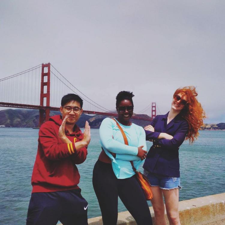 Happy hostel guests at Golden Gate Bridge